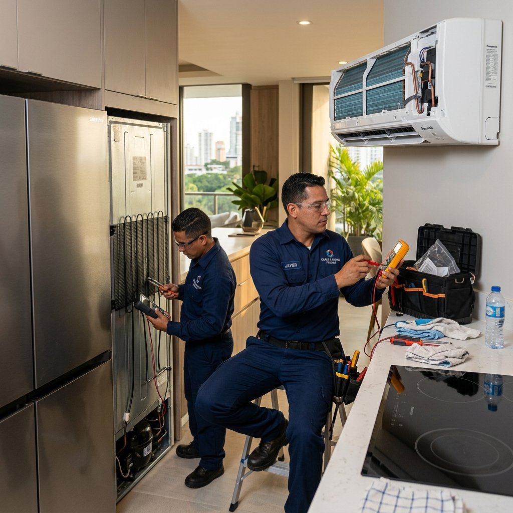 Técnico profesional de Ingetec de Servicios reparando aire acondicionado